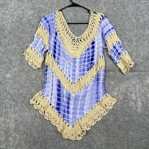 Spiaggia Dolce Boho Hippie Swimsuit Cover Up Tie Dye Crochet Blues White No Sz